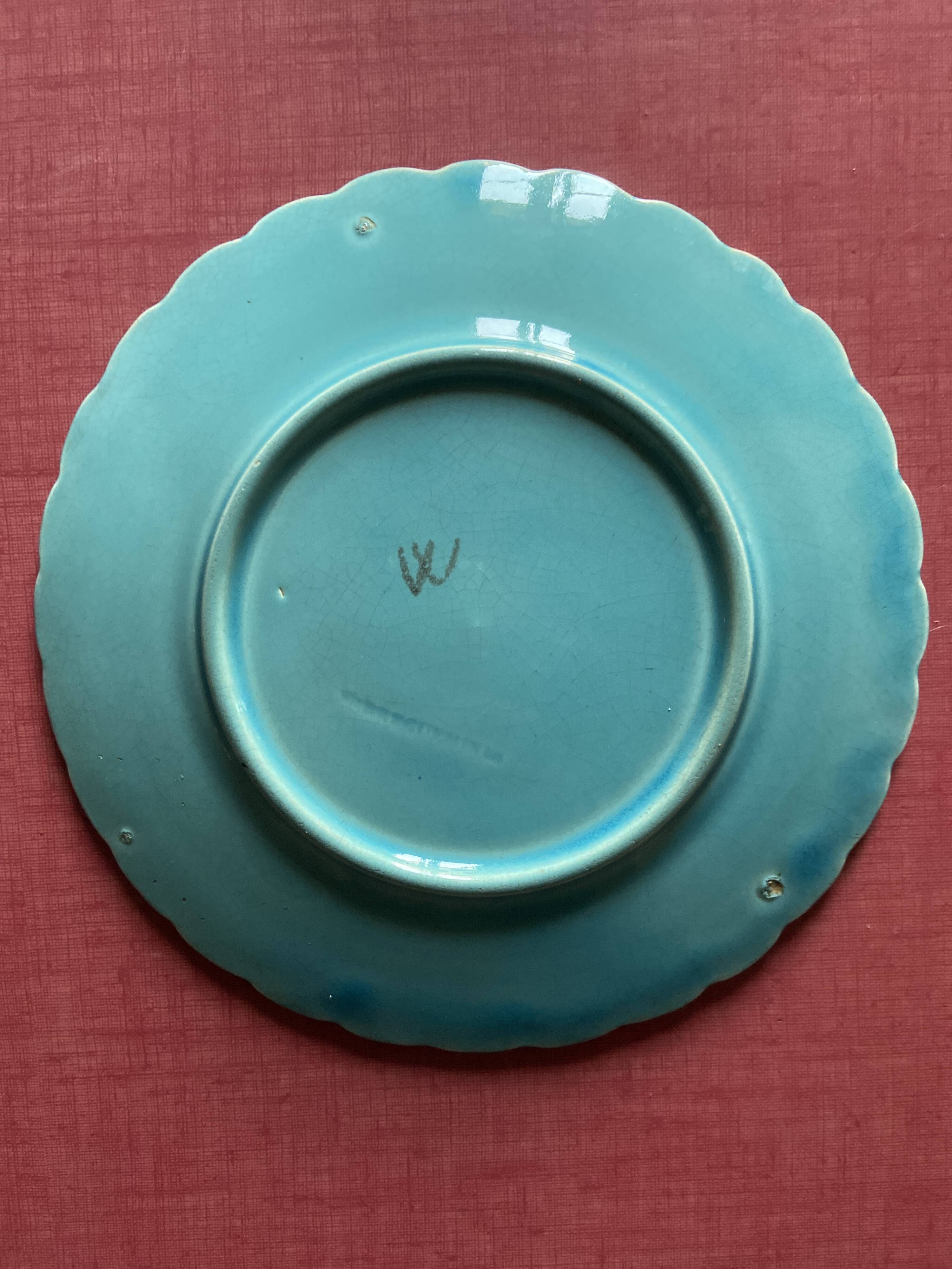 Set of 6 Barbotine Plates Sarreguemines Turquoise - Birds & Fruit