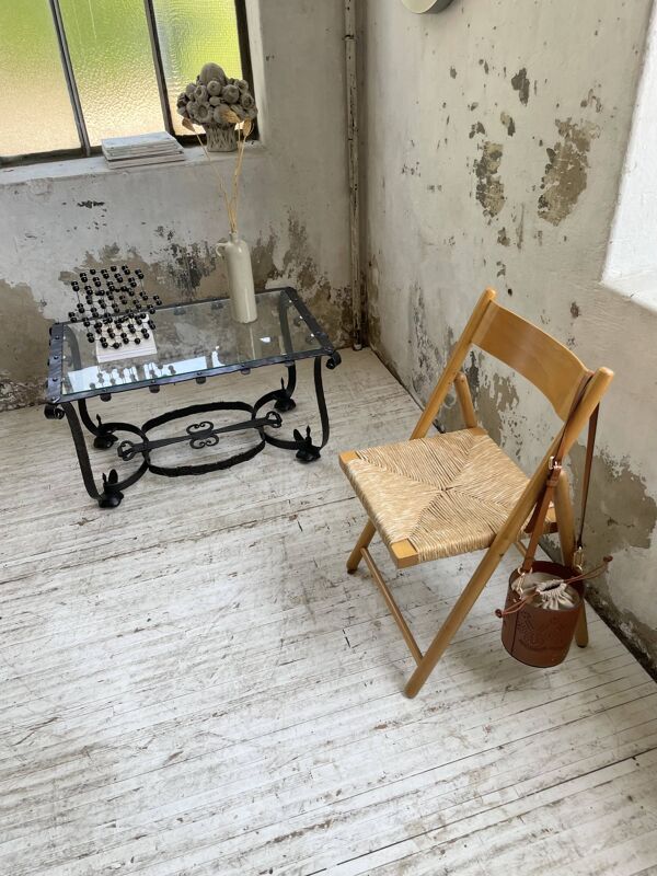 Chaise pliante hêtre et paille années 80