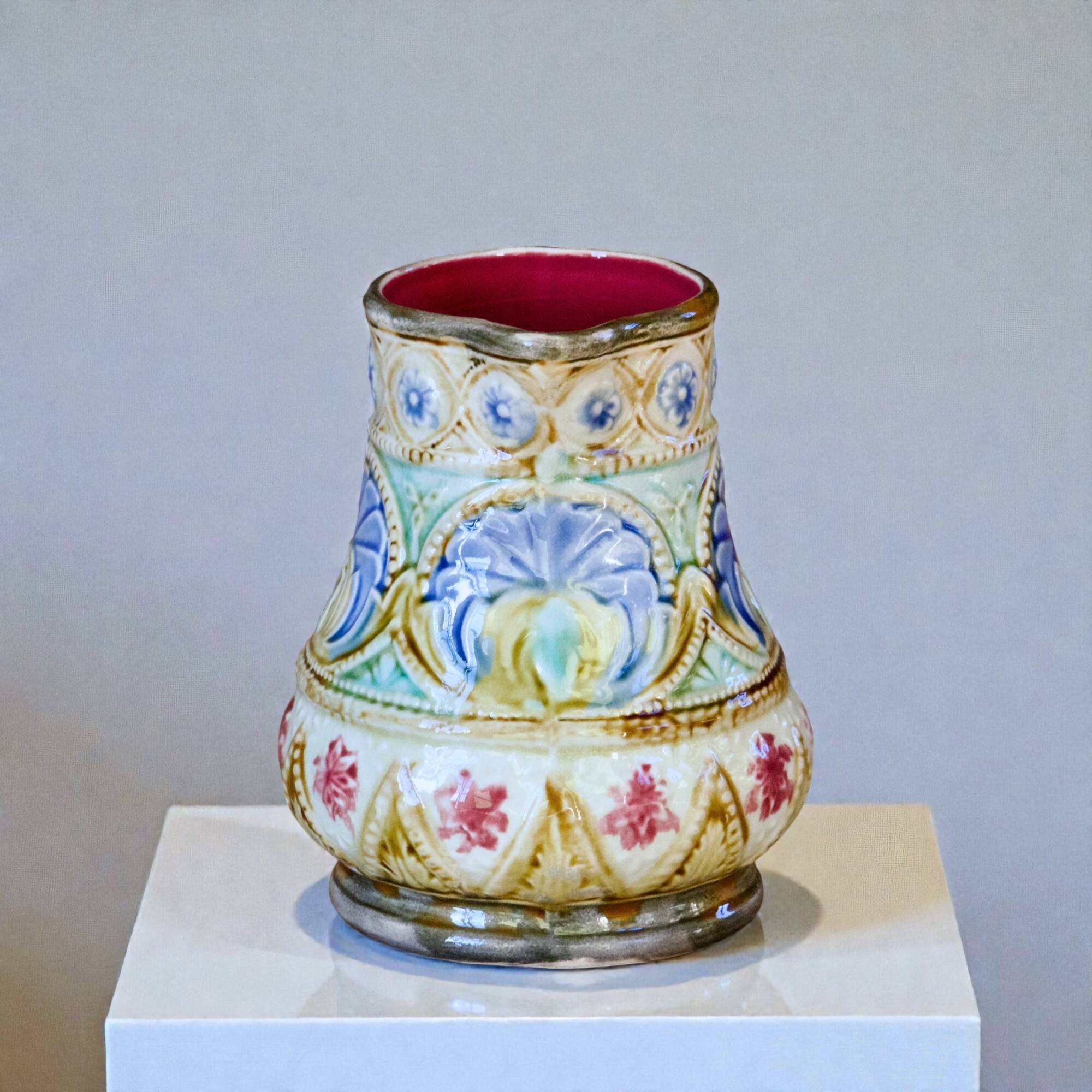 19th-century antique pitcher in polychrome majolica signed Nimy-les-Mons.