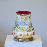 19th-century antique pitcher in polychrome majolica signed Nimy-les-Mons.