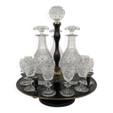 Liquor cabaret in 19th century painted sheet metal, carafes and glasses attributed to the Creusot crystal factory