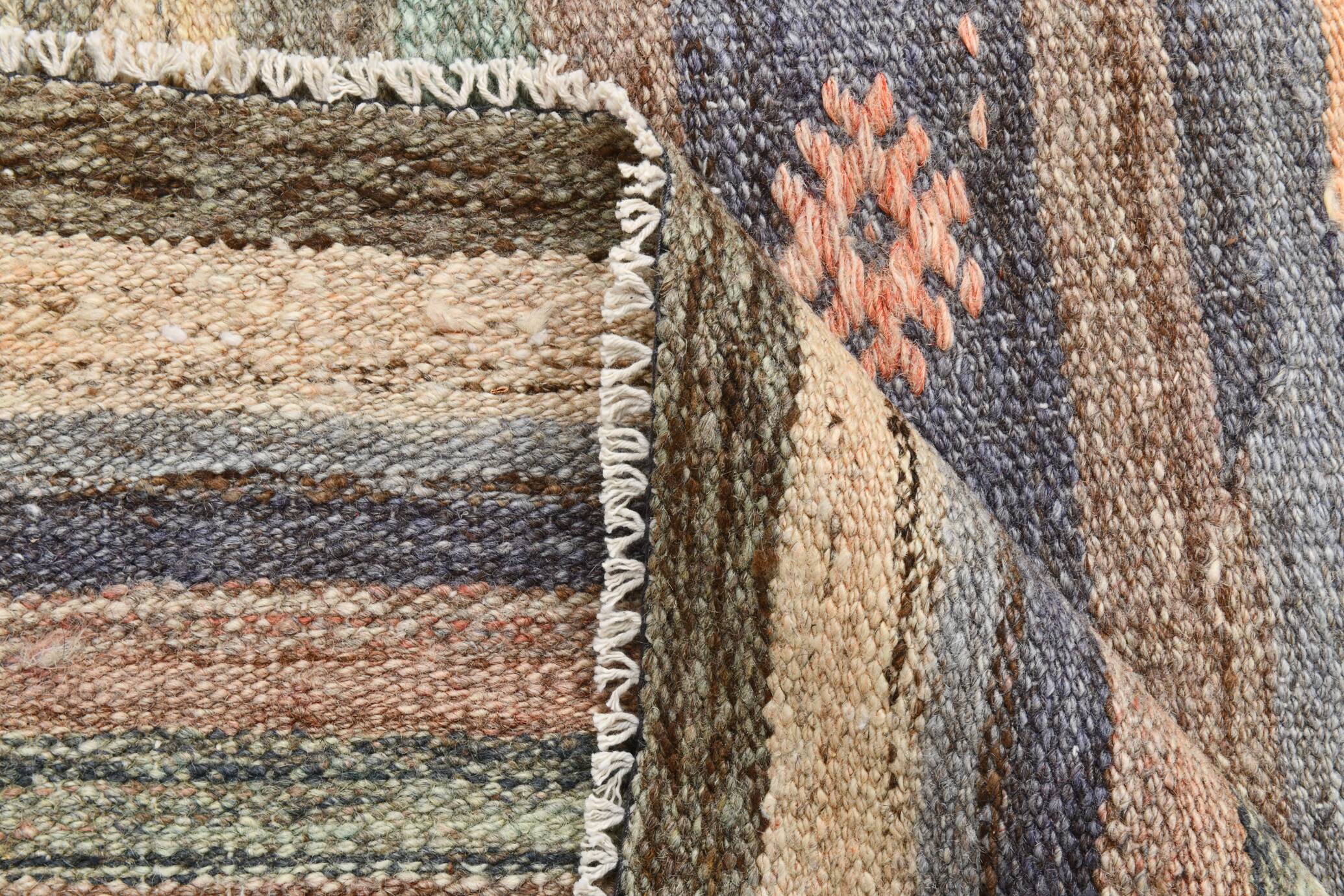 6x9 Gray & Green Striped Pattern Kilim Rug, 176x262Cm