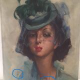 Old oil painting on canvas durango tog richard "elegant in hat" signed
