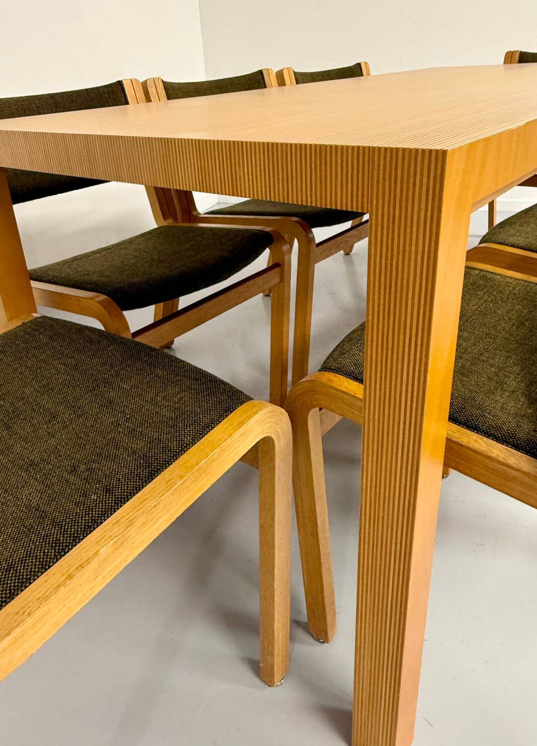 Post-modern striped wood table with drawers, design 80.