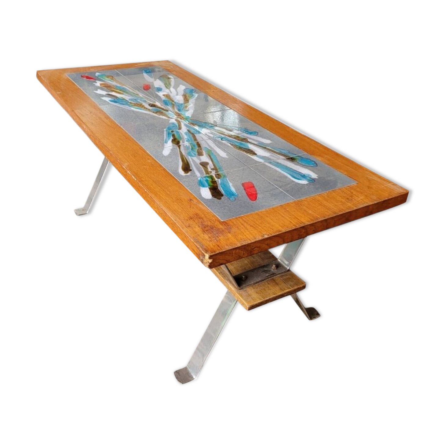 Vintage 70s design coffee table, wooden and ceramic top with aluminium legs.