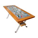 Vintage 70s design coffee table, wooden and ceramic top with aluminium legs.