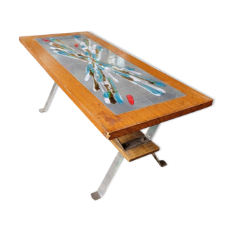Vintage 70s design coffee table, wooden and ceramic top with aluminium legs.