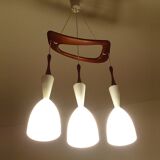Large Scandinavian Pendant Light, Teak Wood and Glass