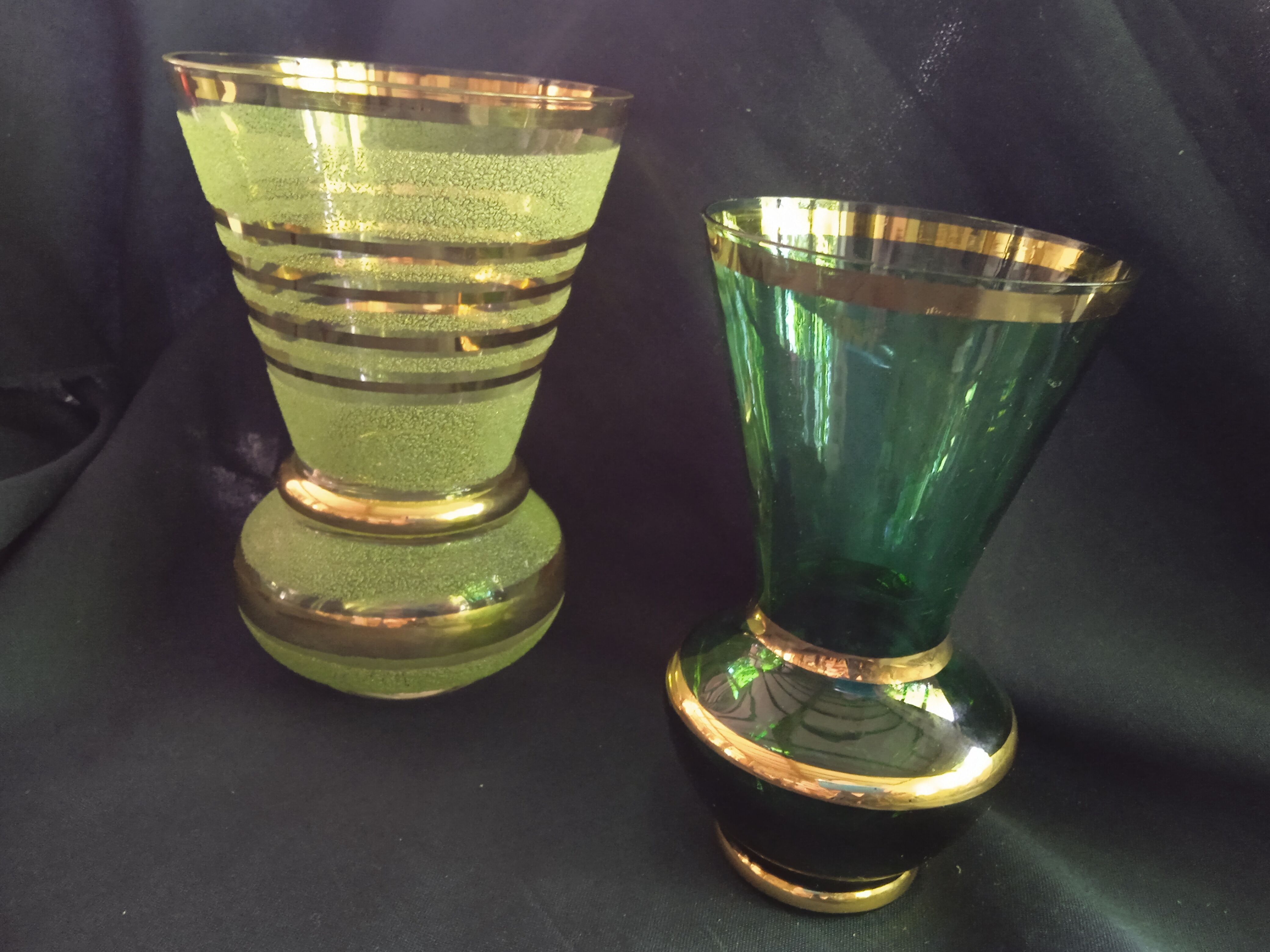 Two vintage green vases in glass and granite effect 50s
