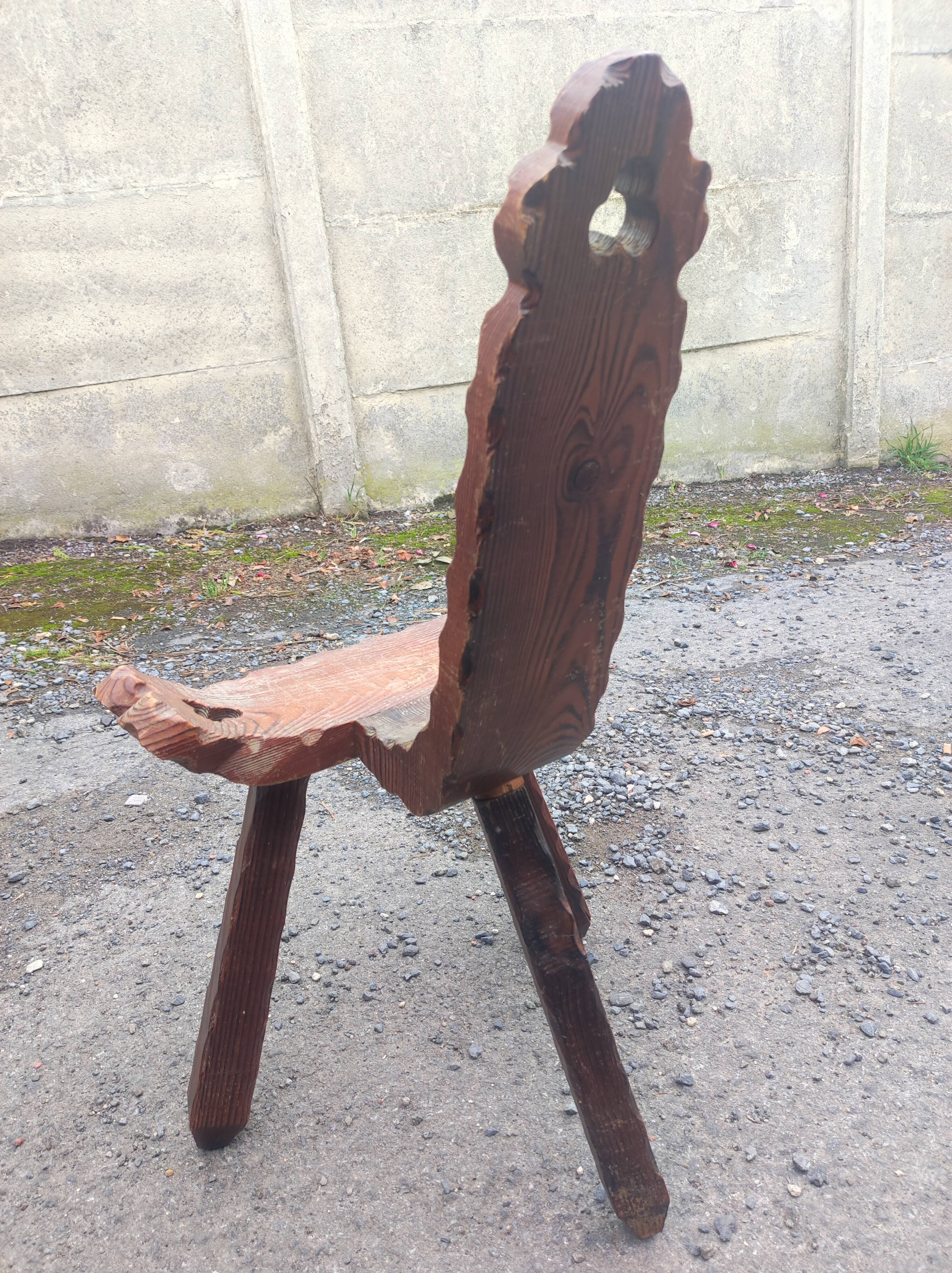 Brutalist carved wood tripod chair stool