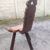 Brutalist carved wood tripod chair stool