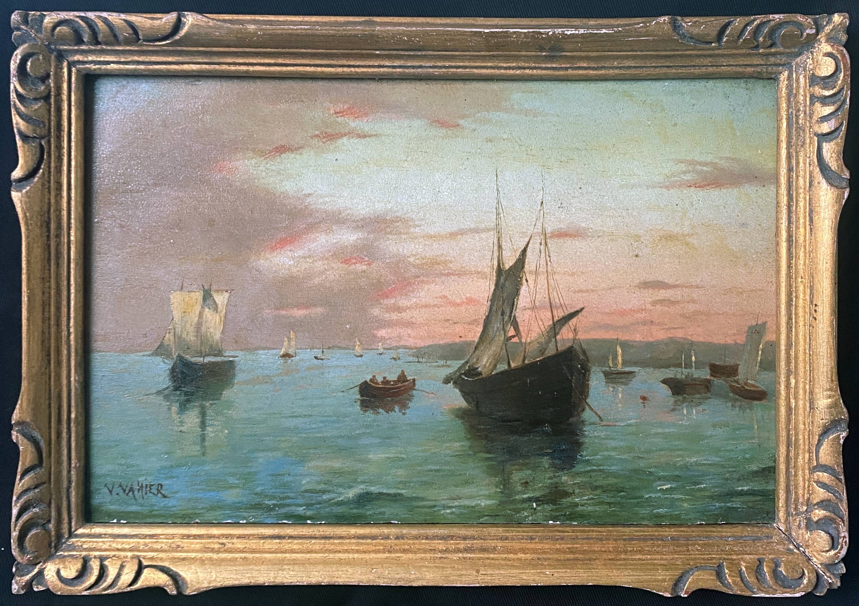 Painting "Twilight Navy" signed V. Vanier HSP mahogany XIX° + frame