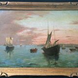 Painting "Twilight Navy" signed V. Vanier HSP mahogany XIX° + frame