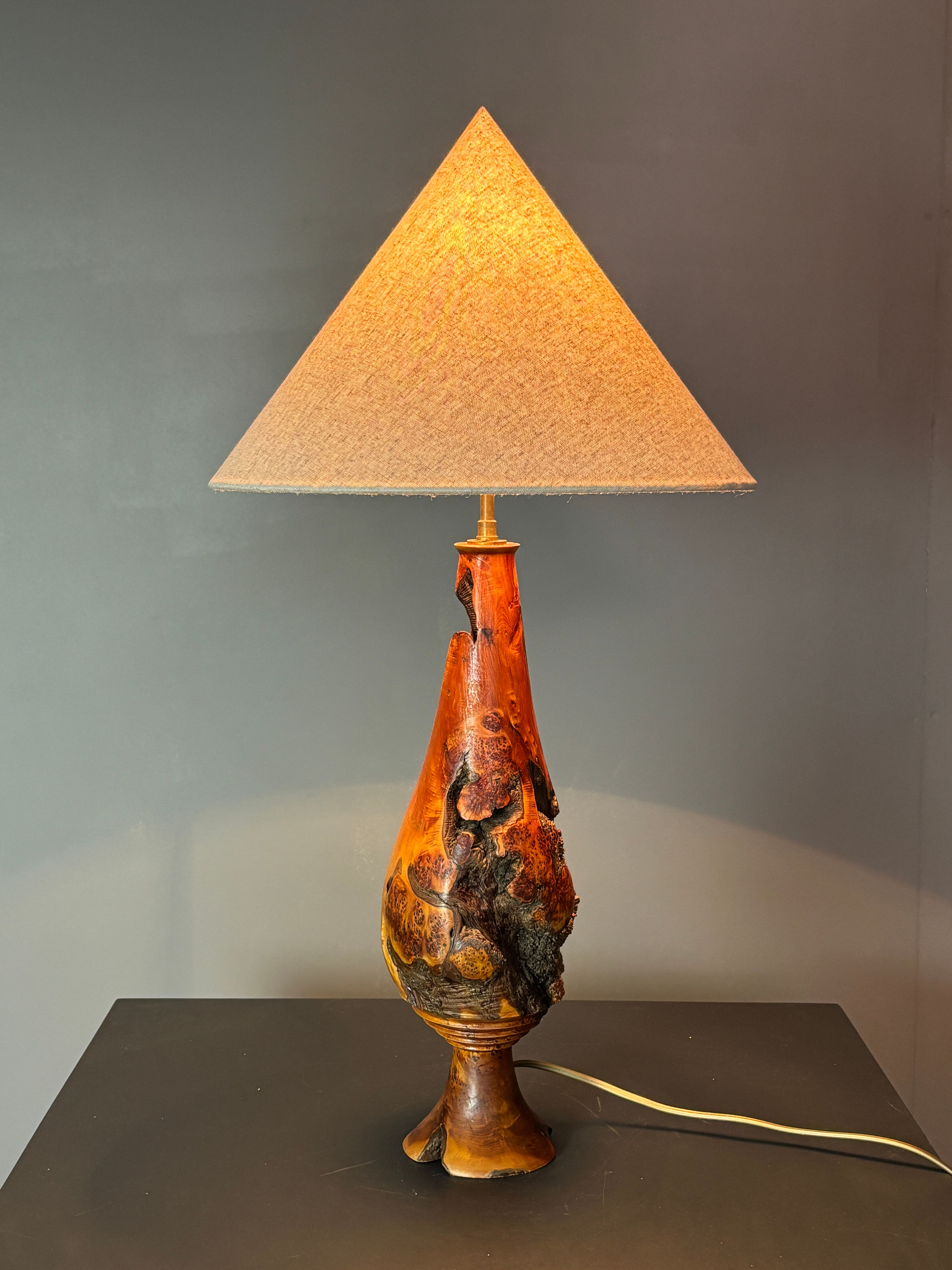 Sculptural artisanal brutalist midcentury burl wood turned table lamp 1960s