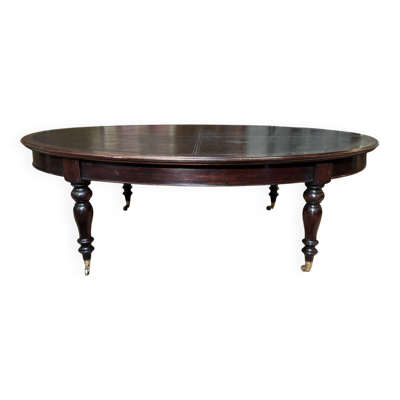 Grande table anglaise de bibliothèque en noyer foncé et dessus cuir