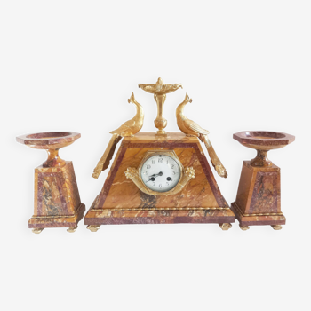 Art Deco clock and cassolettes in bronze and marble