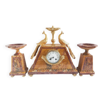 Art Deco clock and cassolettes in bronze and marble