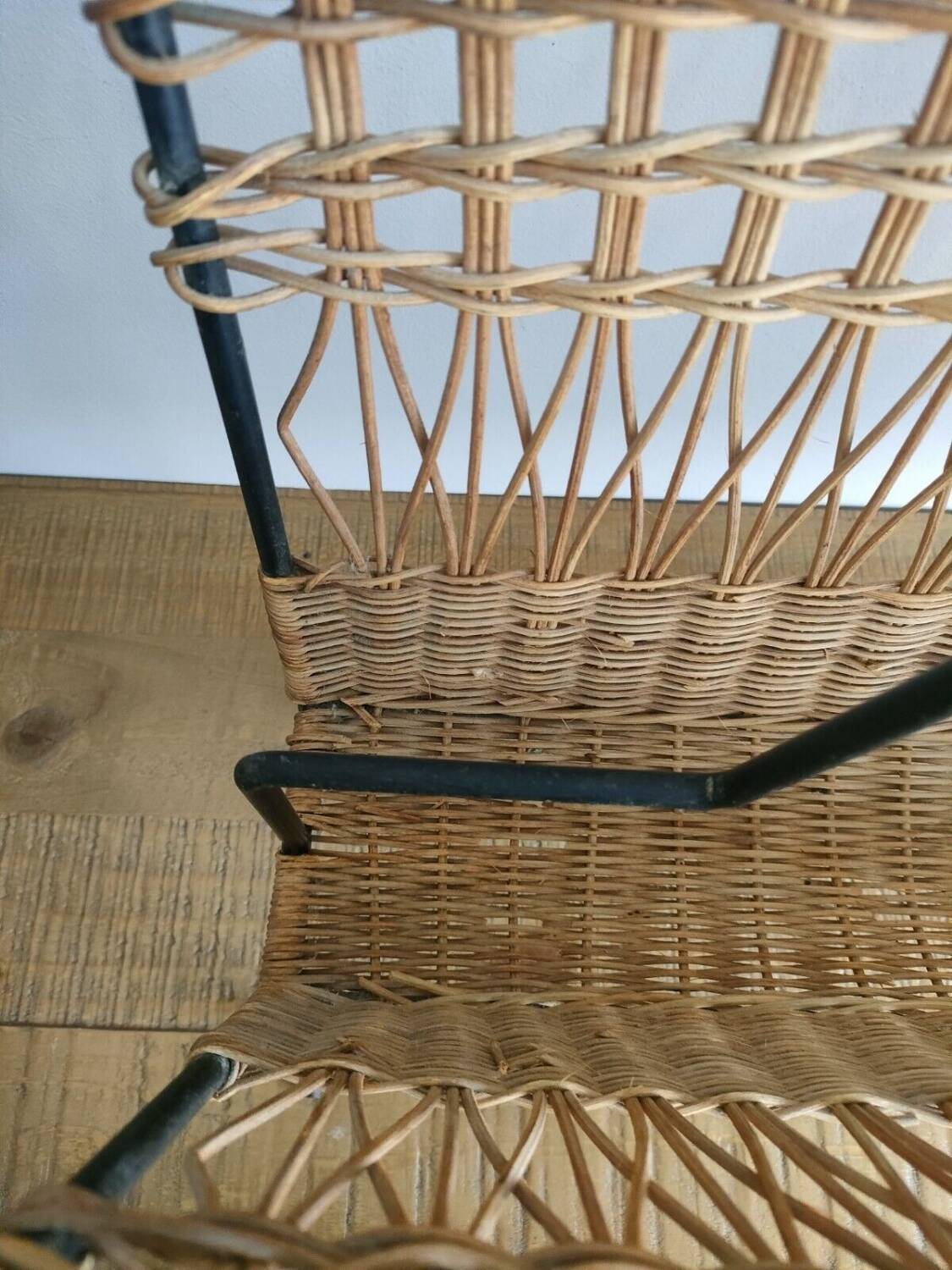 Iron and Rattan Magazine Rack - 1960s - Vintage