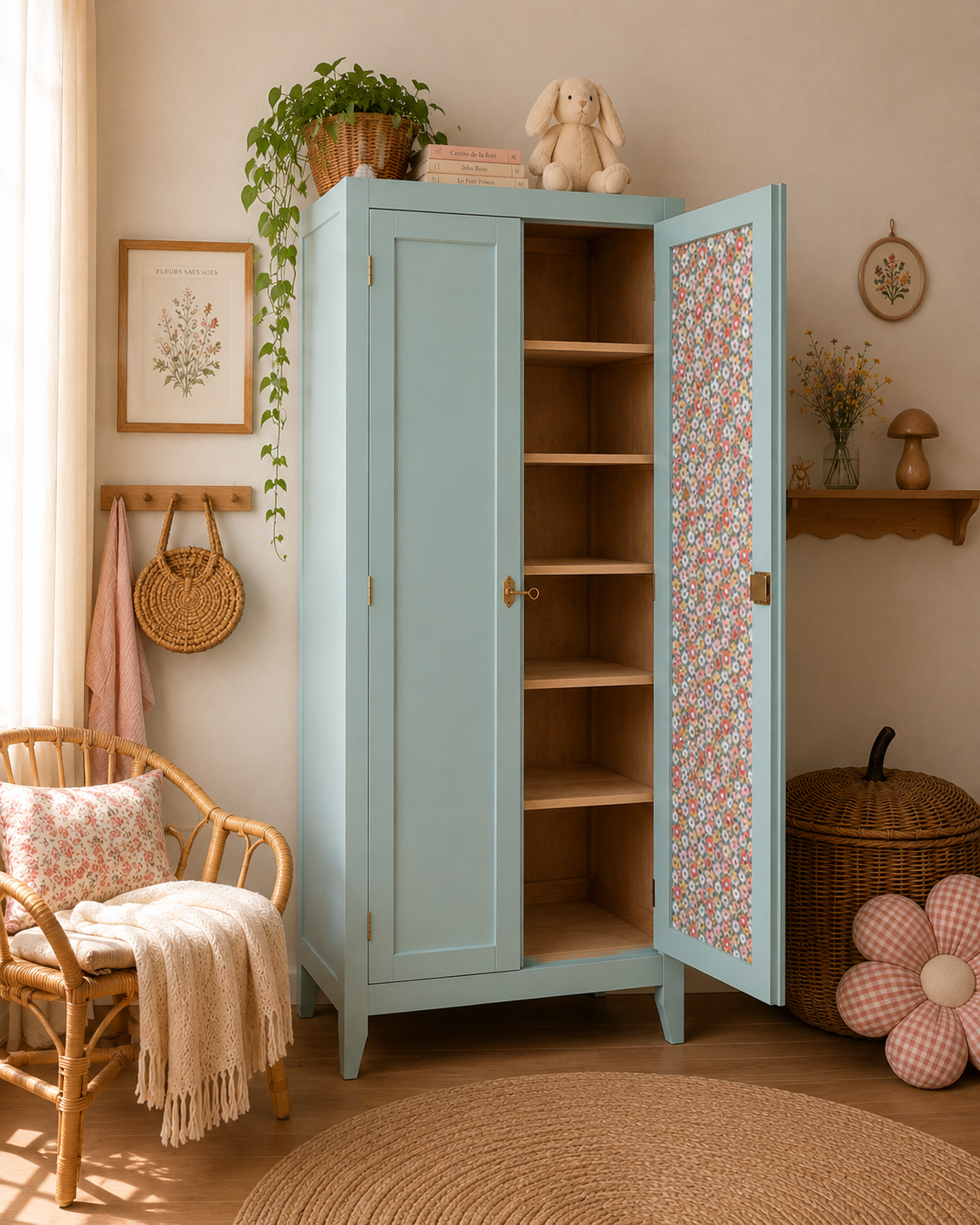 Vintage Parisian wardrobe in grey-blue green.