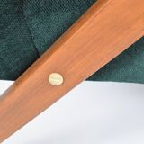 Fauteuil compas restauré, tissu vert forêt, bois de teck, 1960