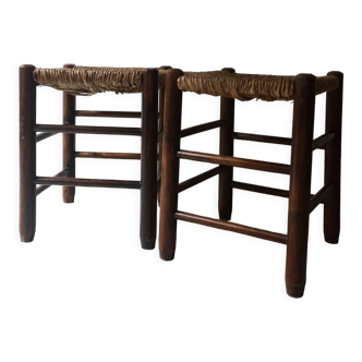 Set of 2 stools in straw and wood