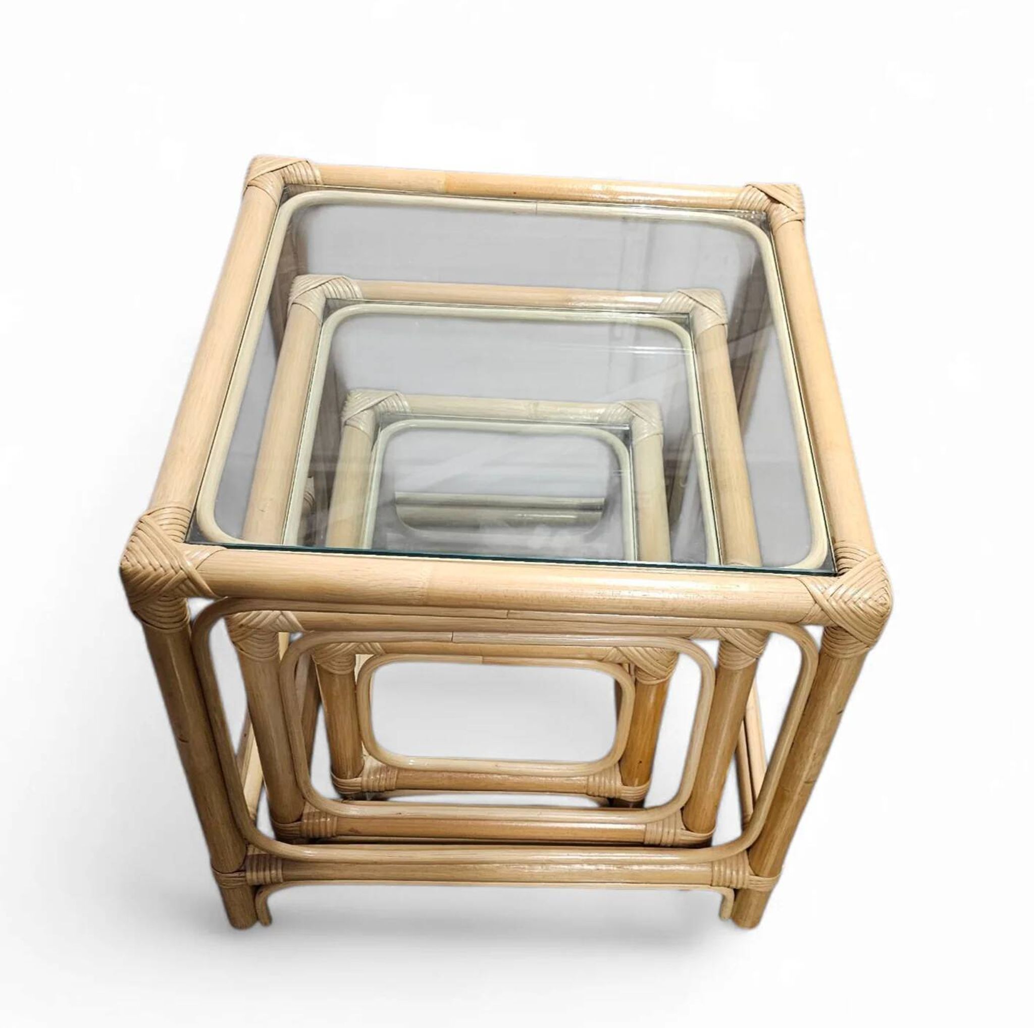 Bamboo nesting set / clear glass tops / side tables / 1970