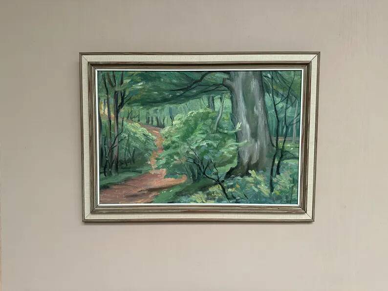 Original Swedish Oil on Canvas – "Path through the Forest" by H.J. Larsson – Signed, Vintage and Framed – 70 x 50 cm (27.5 x 19.6 inches)