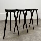 4 brutalist tripod bar stools, solid wood, 1950s