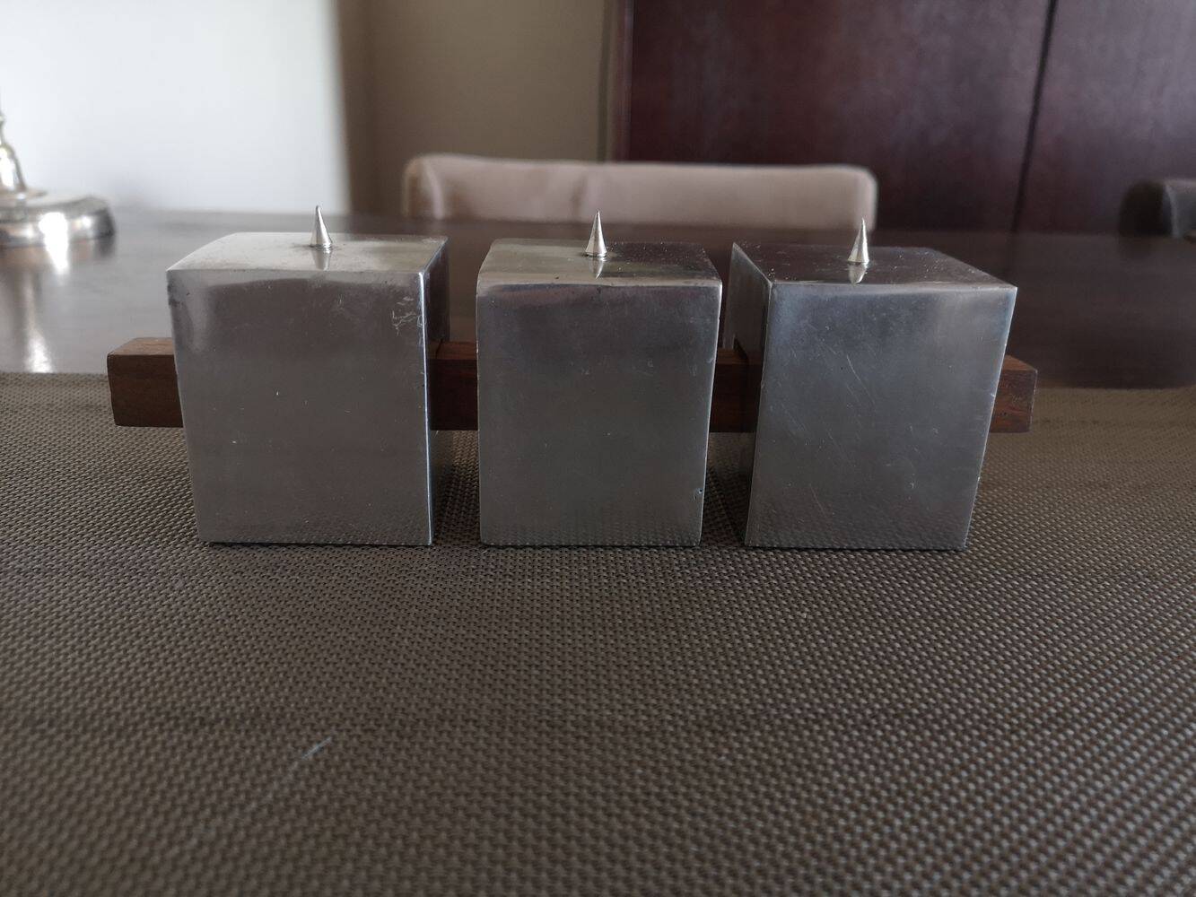 Set of three design candlesticks in brushed steel - Vintage Habitat - 1970s/1980s