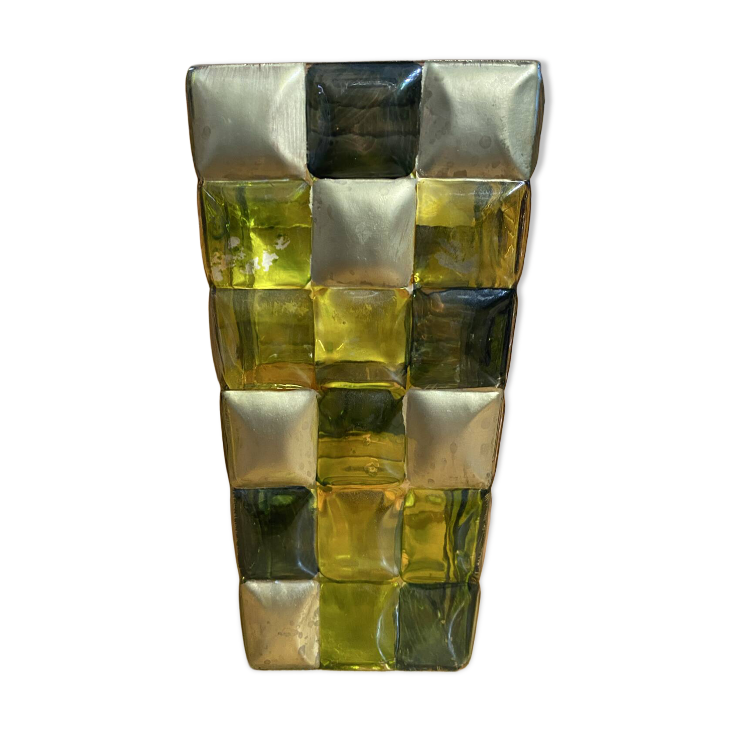 Vase ancien style Murano en verre polychrome motif damier peint à la main
