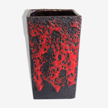 Red and black rectangular vase in ceramic Fat Lava / vintage 60s-70s