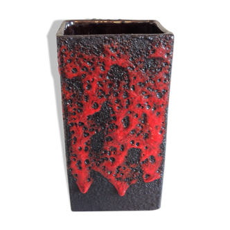 Red and black rectangular vase in ceramic Fat Lava / vintage 60s-70s