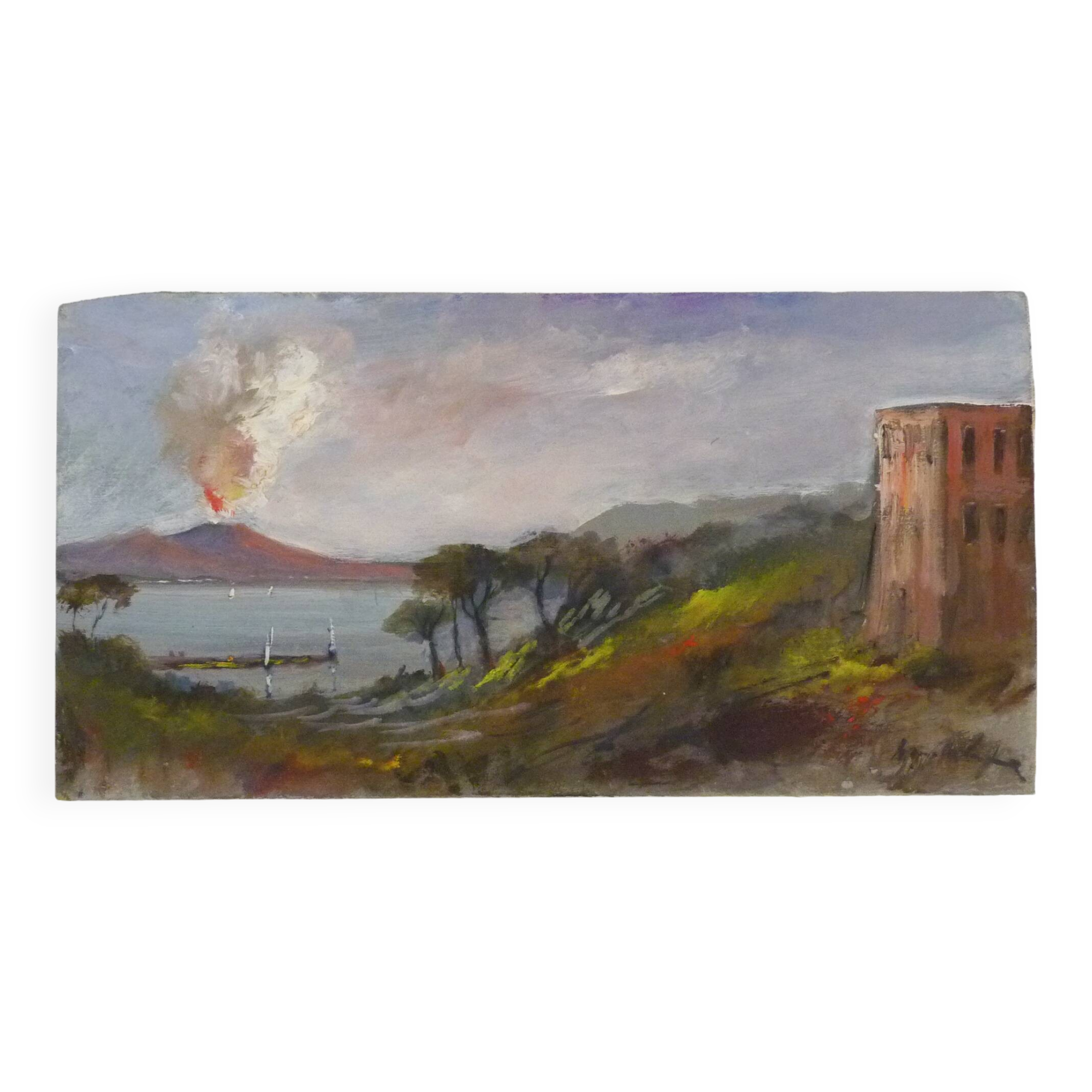 Oil on wood by Riccardo Capone sea view Italy 50s 60s