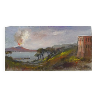 Oil on wood by Riccardo Capone sea view Italy 50s 60s
