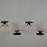 Set of 4 glasses with pink stems and black stems art deco 1930s