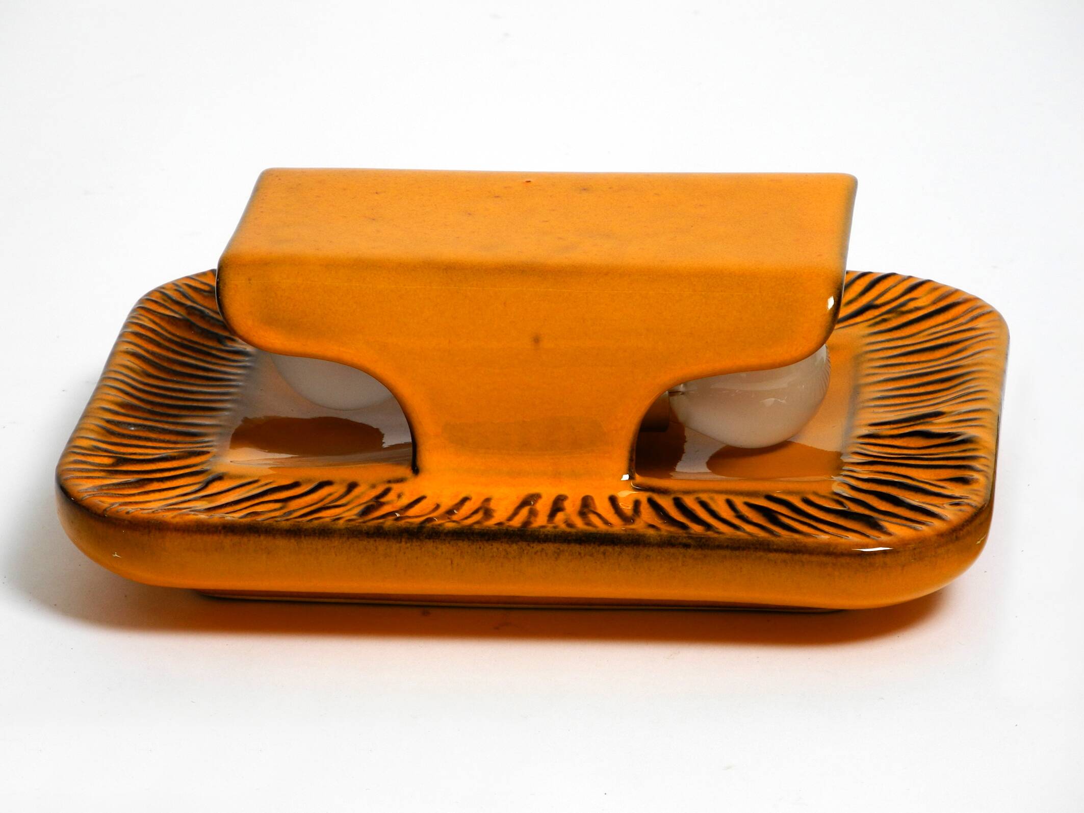 Pair of orange and green glazed 60s ceramic wall lights by Kaiser Leuchten