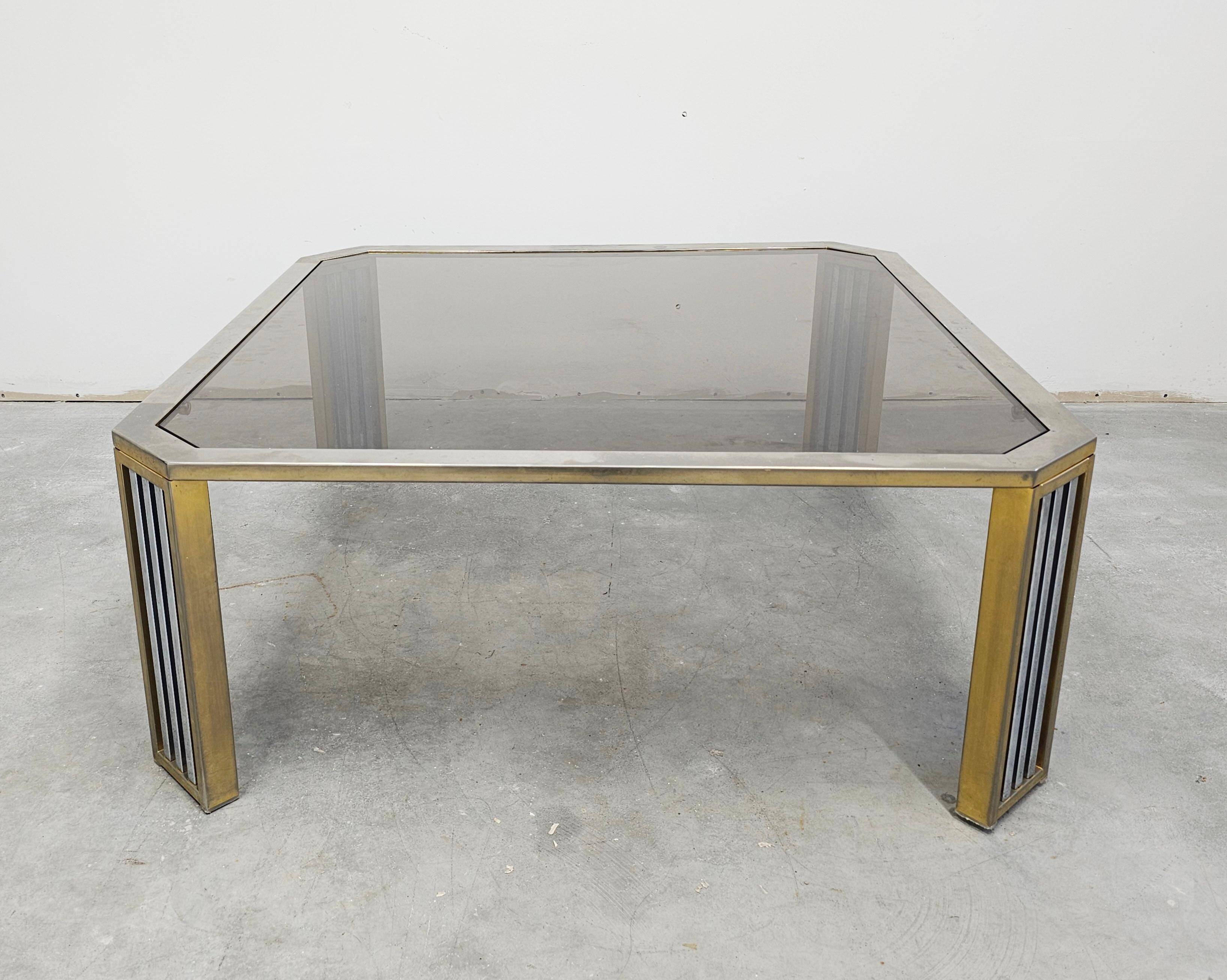 Large modernist coffee table attributed to Romeo Rega in steel and brass plating.