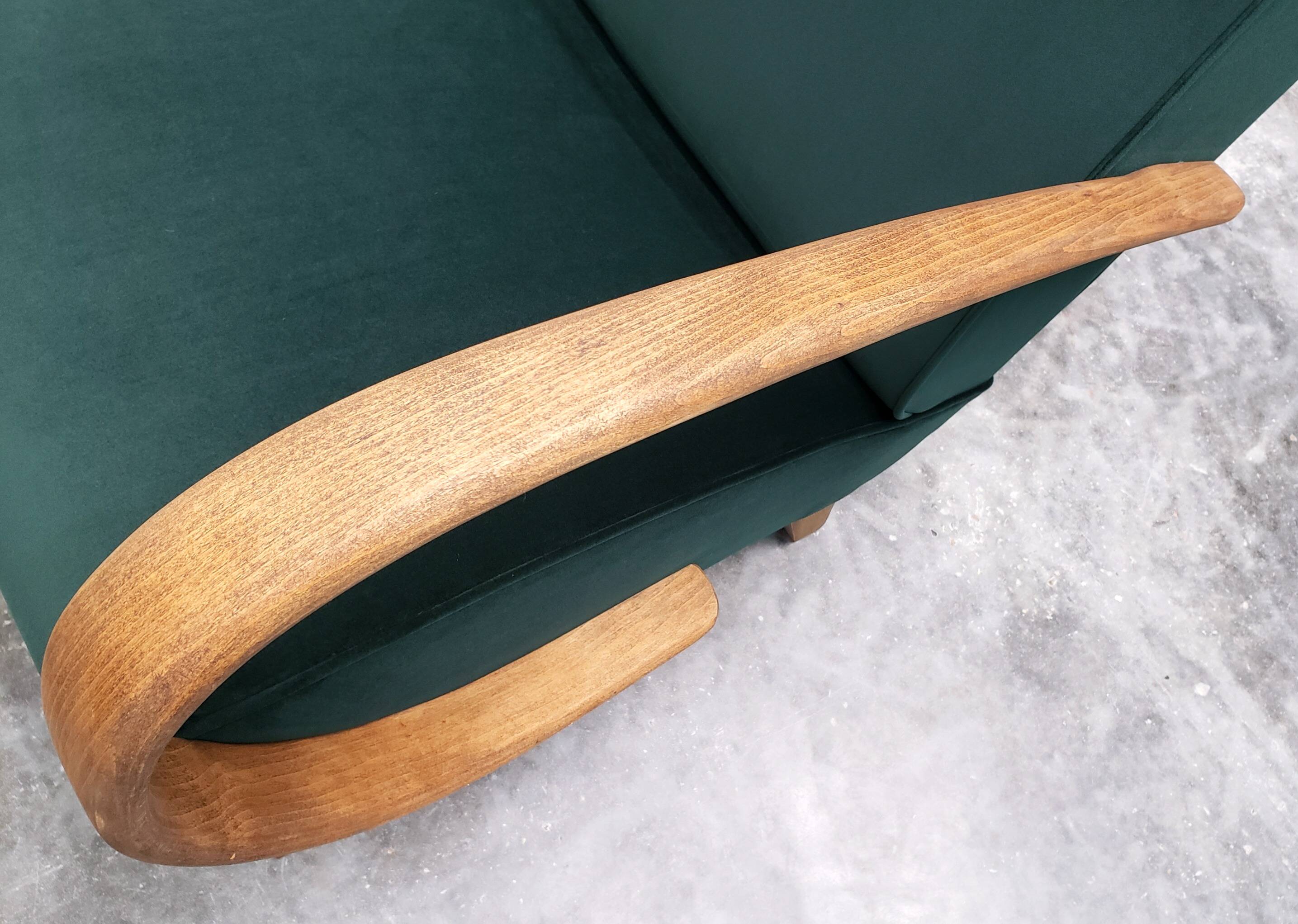 1930 Jindrich Halabala Bentwood Armchair in Emerald Green Velvet