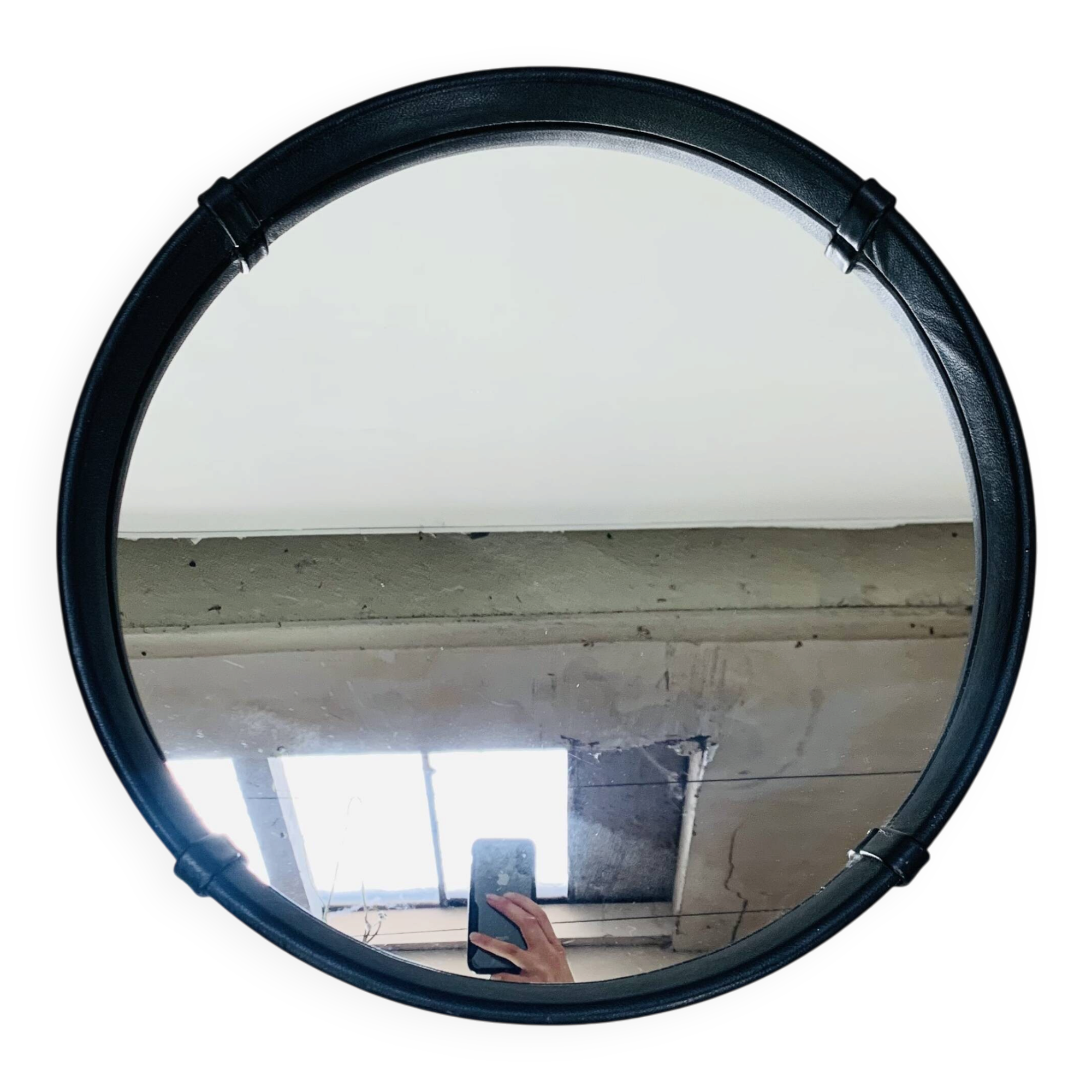 Black faux leather framed mirror, 1950s