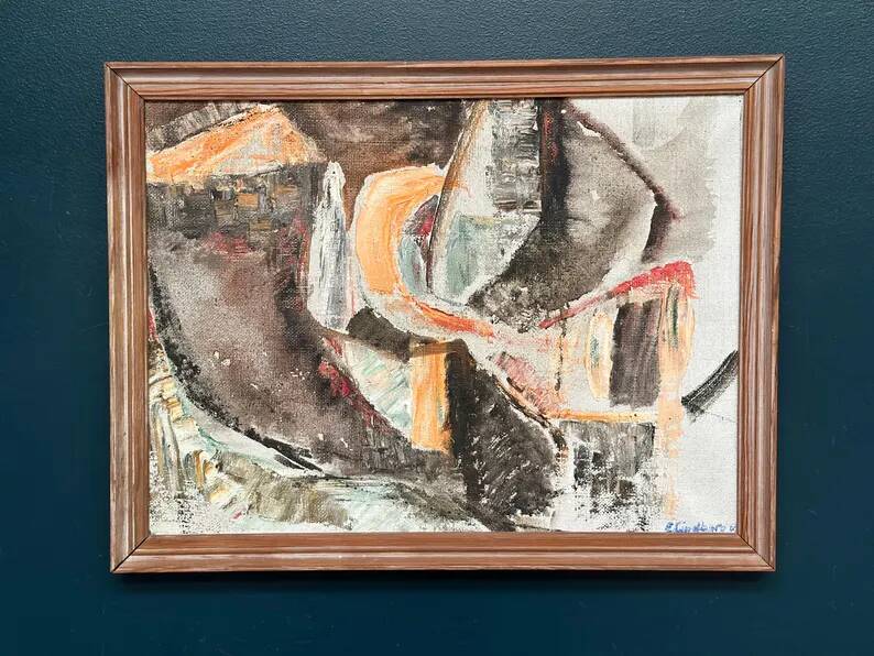 Swedish Original Oil on Canvas – "Abstract Composition" by Eivor Lindberg – 1967 – Signed – Vintage and Framed – 68 × 52 cm (26.8 in × 20.5 in)