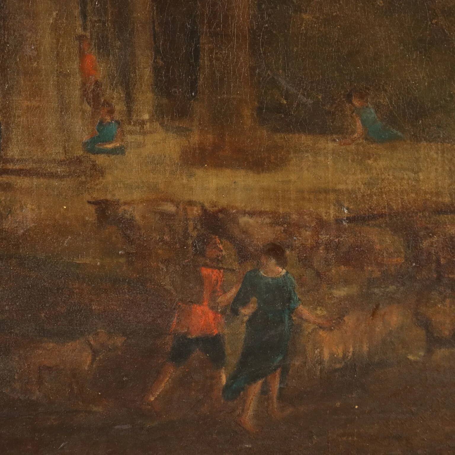 Ancient landscape painting with architecture, oil on canvas, 18th century.