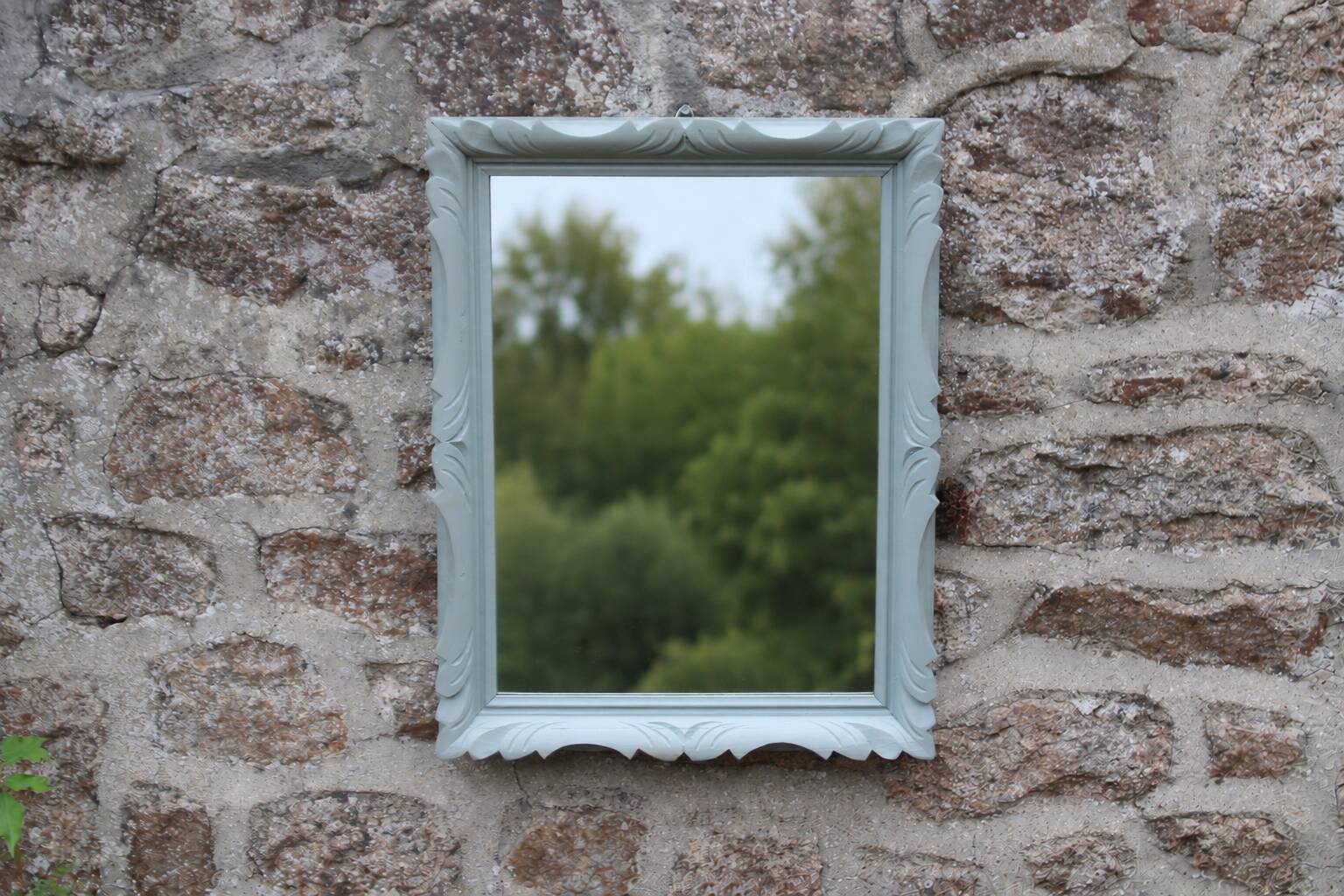 Vintage wall mirror in carved blue-green wood – rococo style – H48 cm