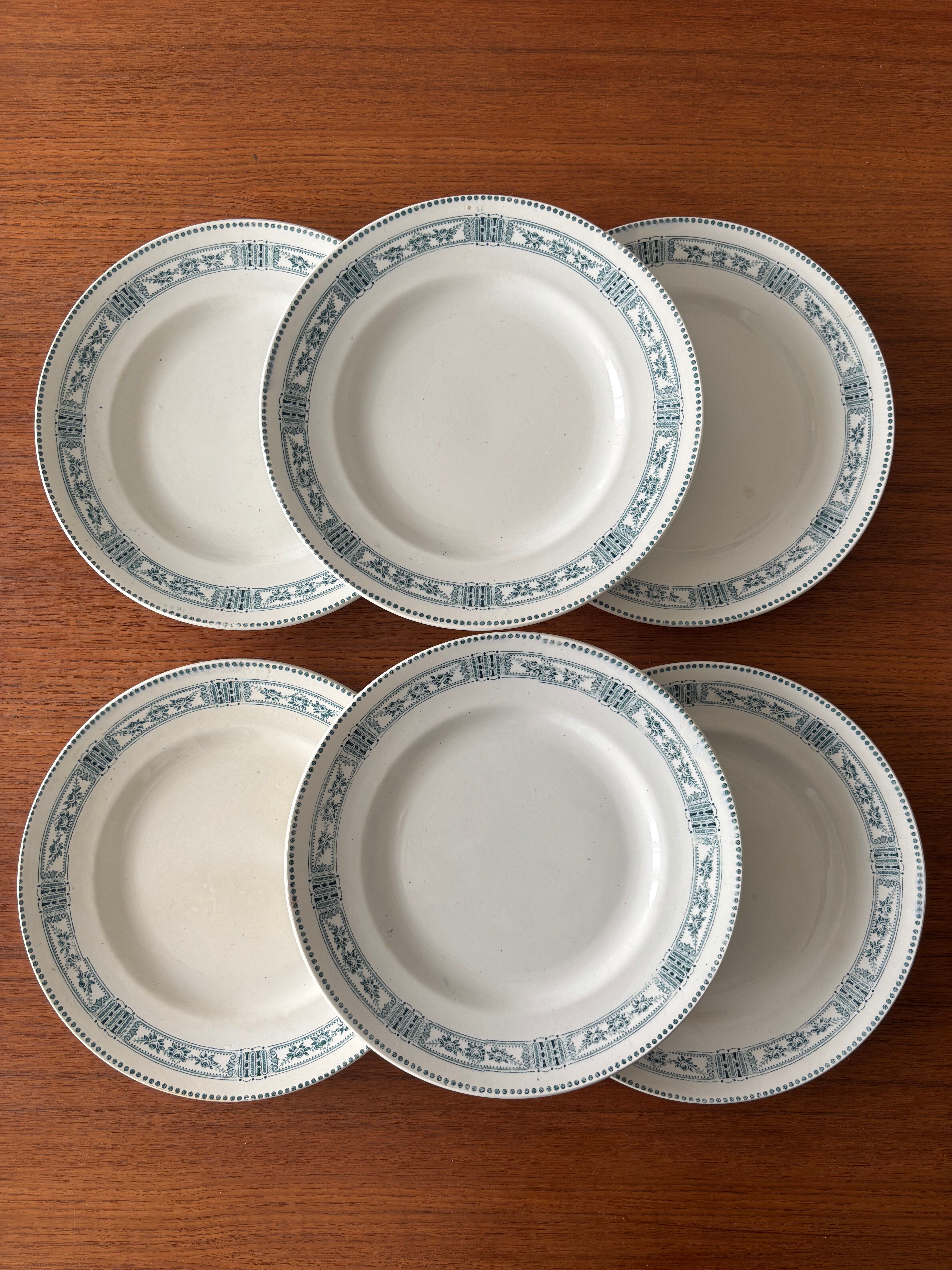 Set of 6 antique flat plates Moulin des Loups & Hamage model P