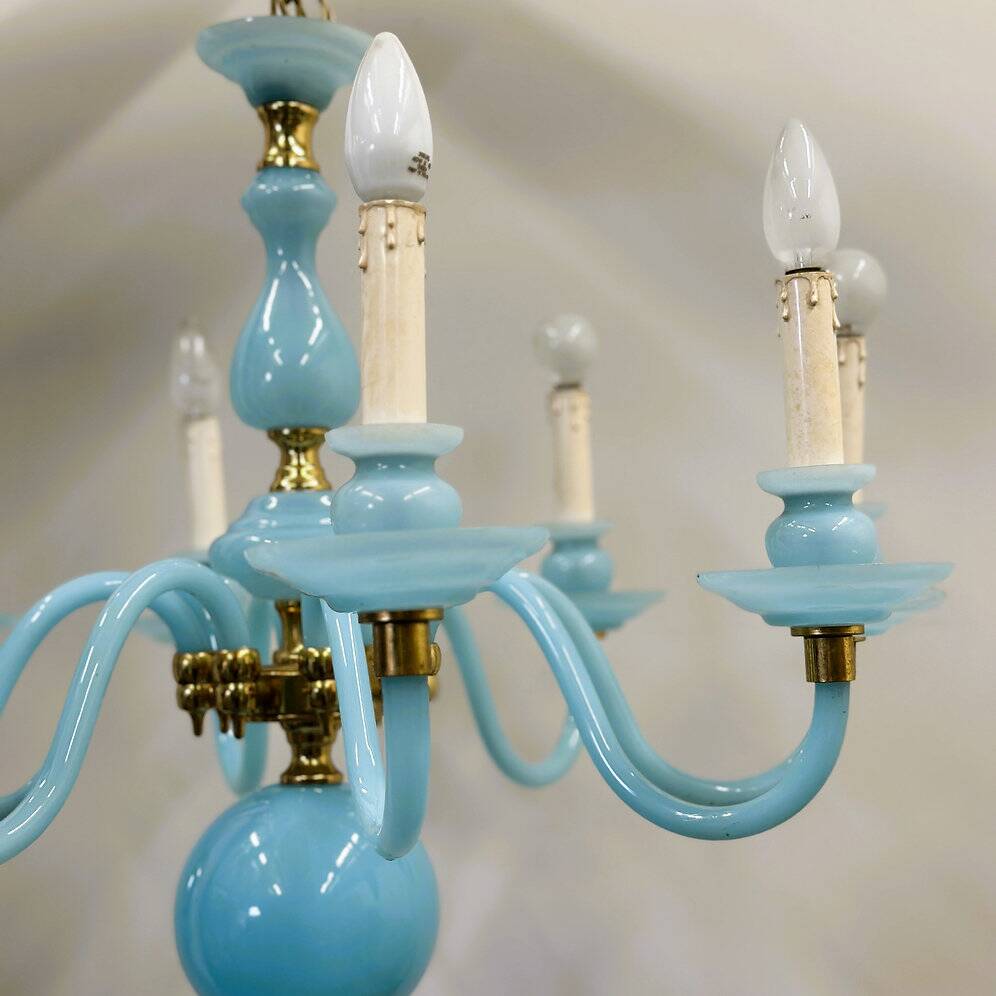 Statement French blue opaline glass chandelier with brass accents, 1960s