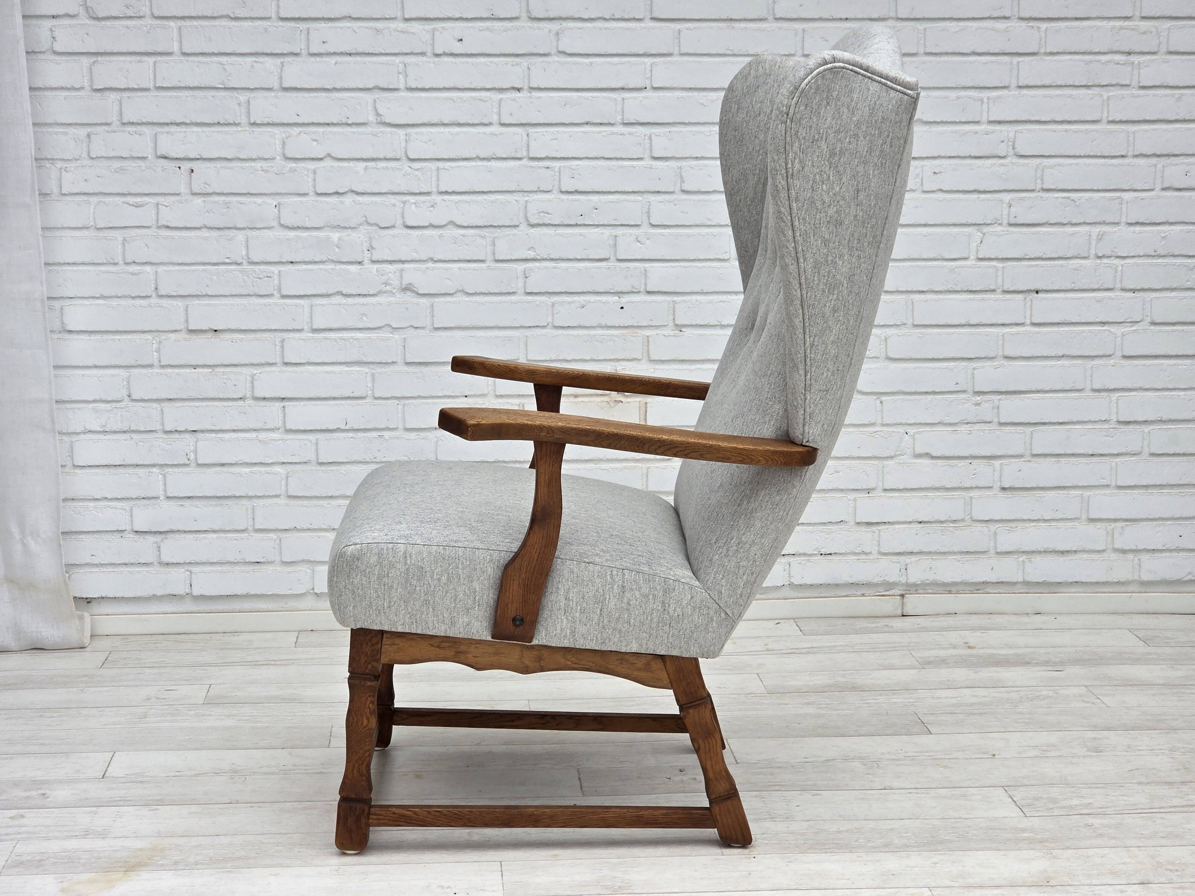 1950s, Danish high-backed armchair, reupholstered, wool, oak wood.