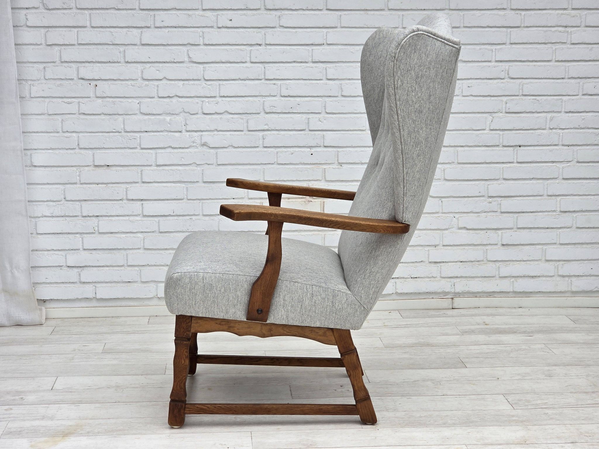 1950s, Danish high-backed armchair, reupholstered, wool, oak wood.