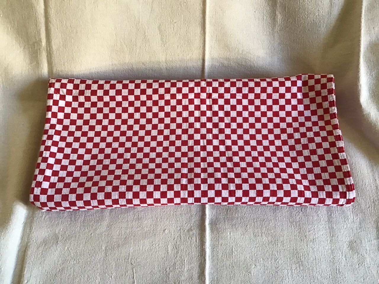 Long vintage red and white country tablecloth