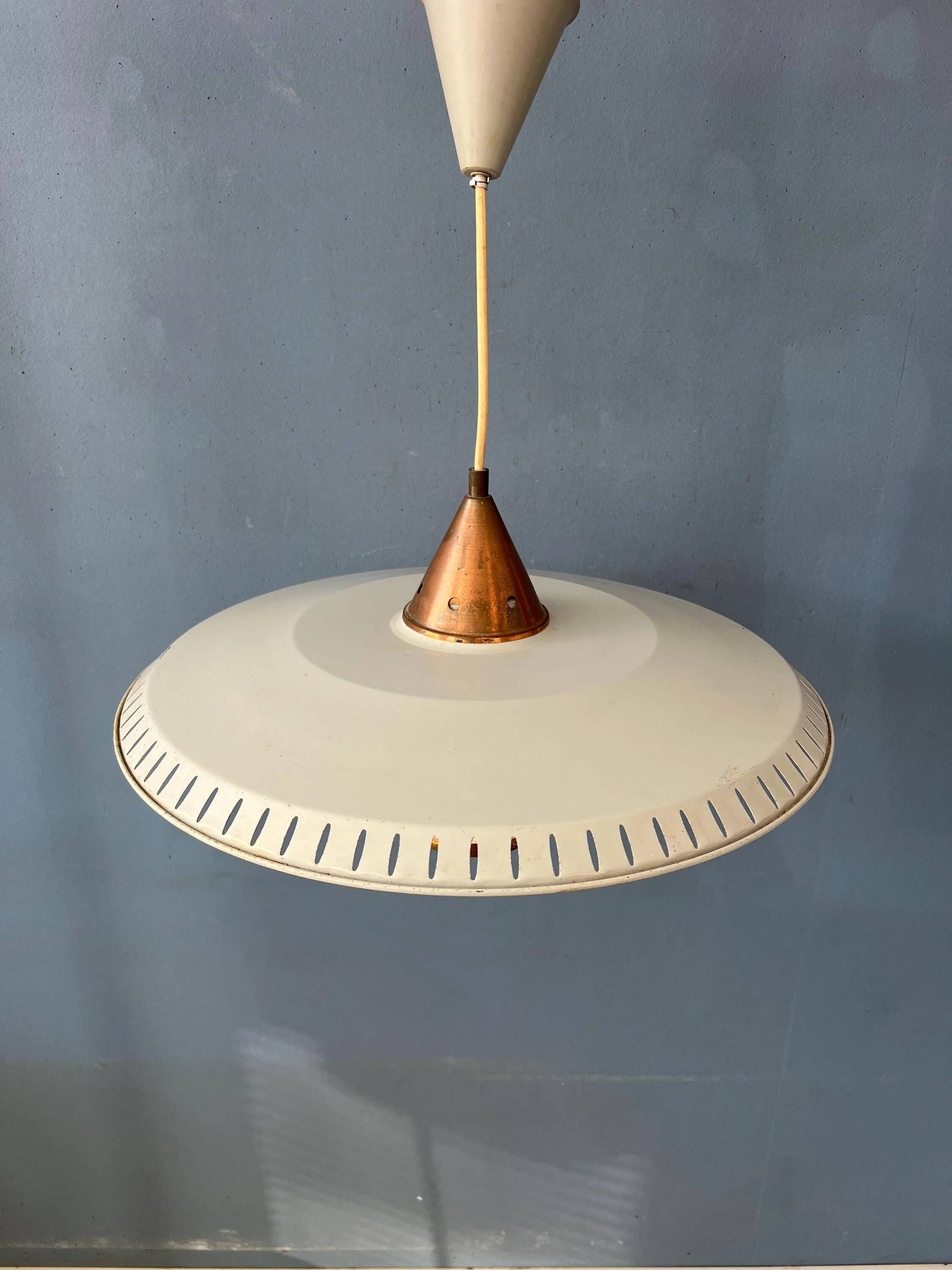 Vintage suspension by Louis Kalff in enamelled metal and opaline glass.