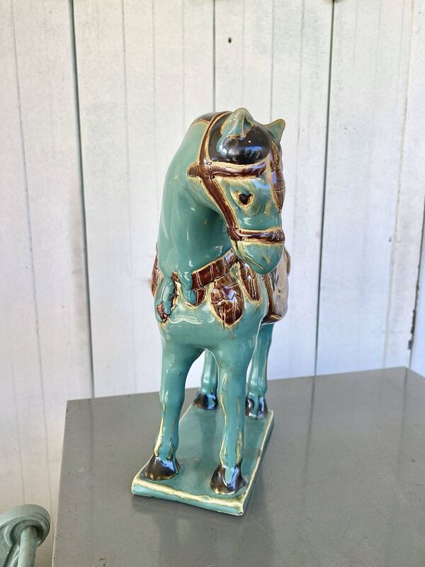 Cheval vintage en Ceramique émaillée turquoise
