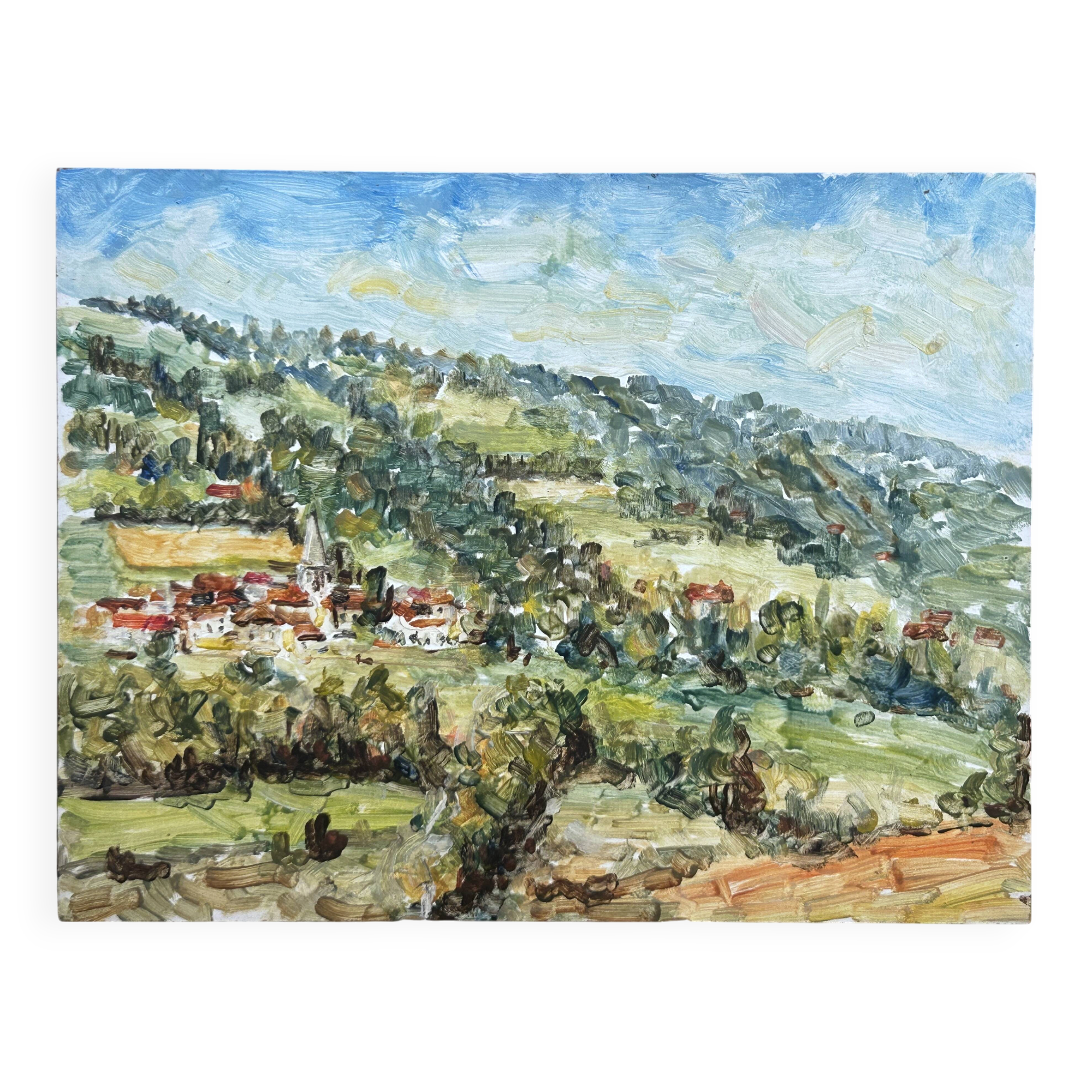 View of a countryside village, oil on hardboard.